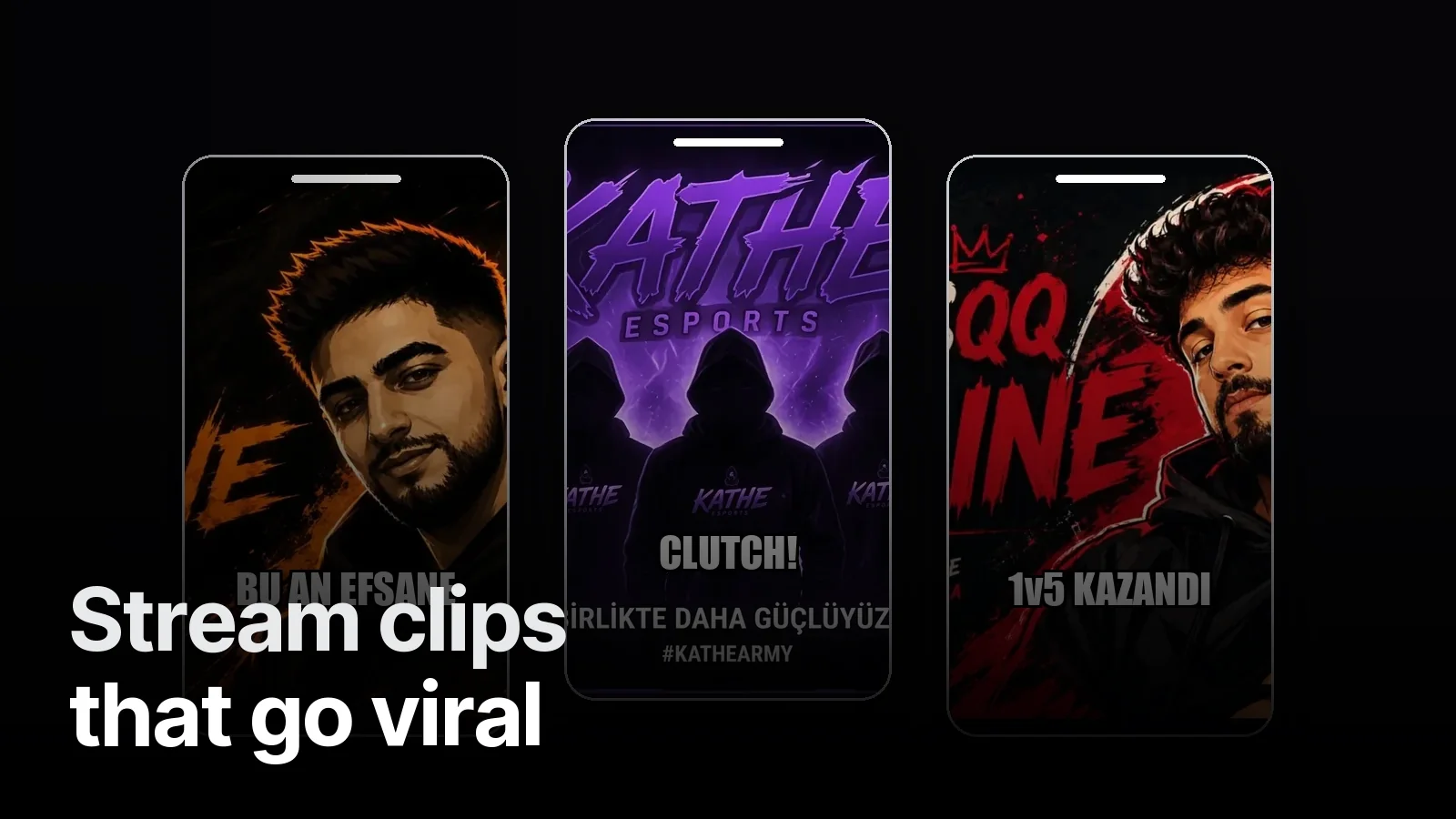 Three vertical phone screens showing stream clips