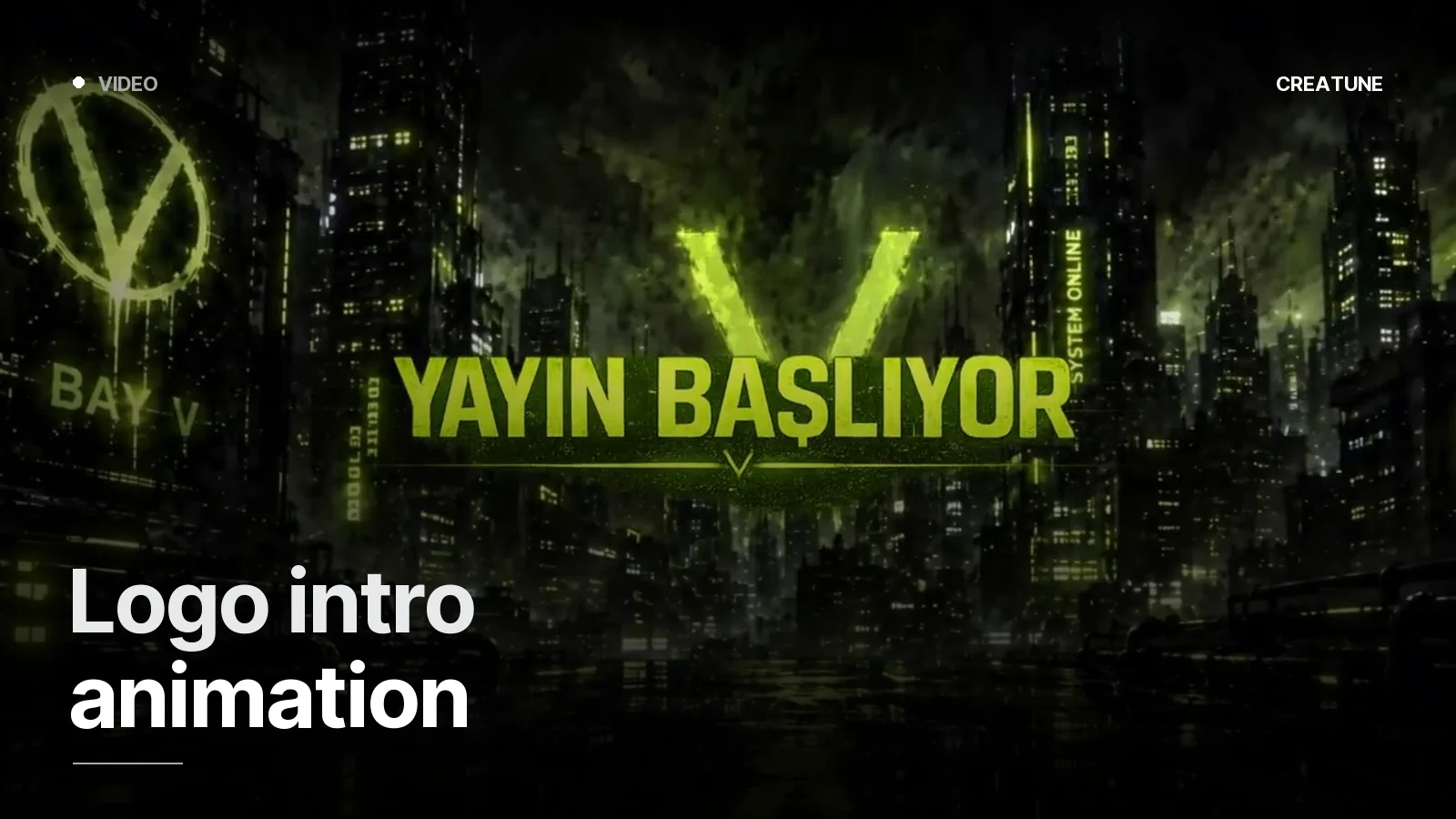 Green neon logo intro — Starting Soon screen opening with light leaks and rhythmic glitch