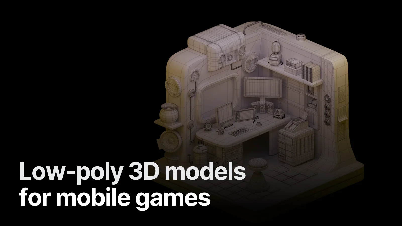 Isometric sci-fi room — game-optimised low-poly 3D environment, wireframe view