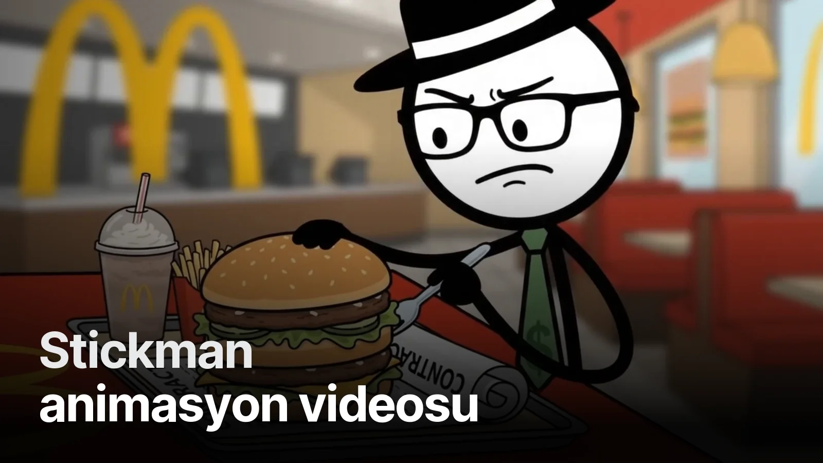 Şapkalı, gözlüklü stickman karakter fast food restoranında hamburger yerken