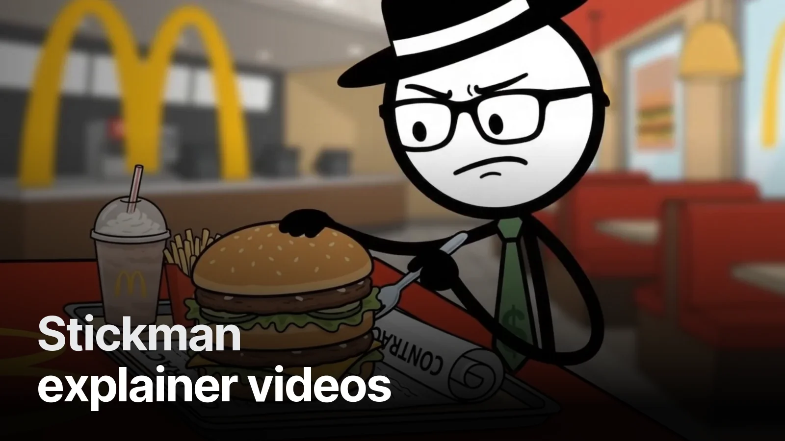 Stickman character in a hat and glasses eating a burger in a fast-food restaurant