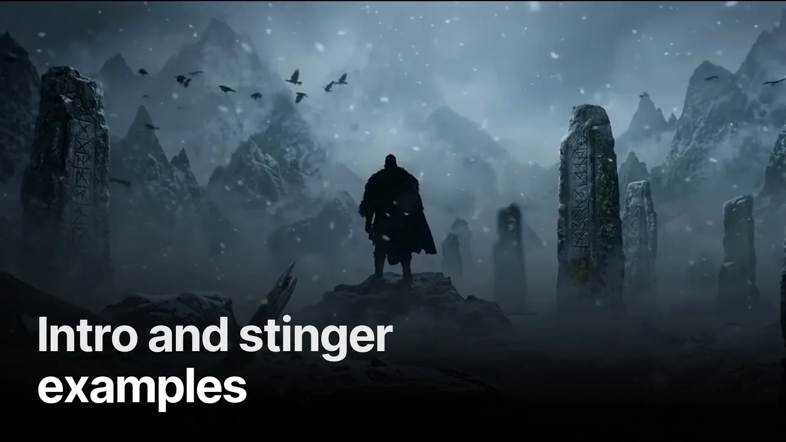 Vesvese stream intro: a cloaked figure in a snowy valley of rune stones