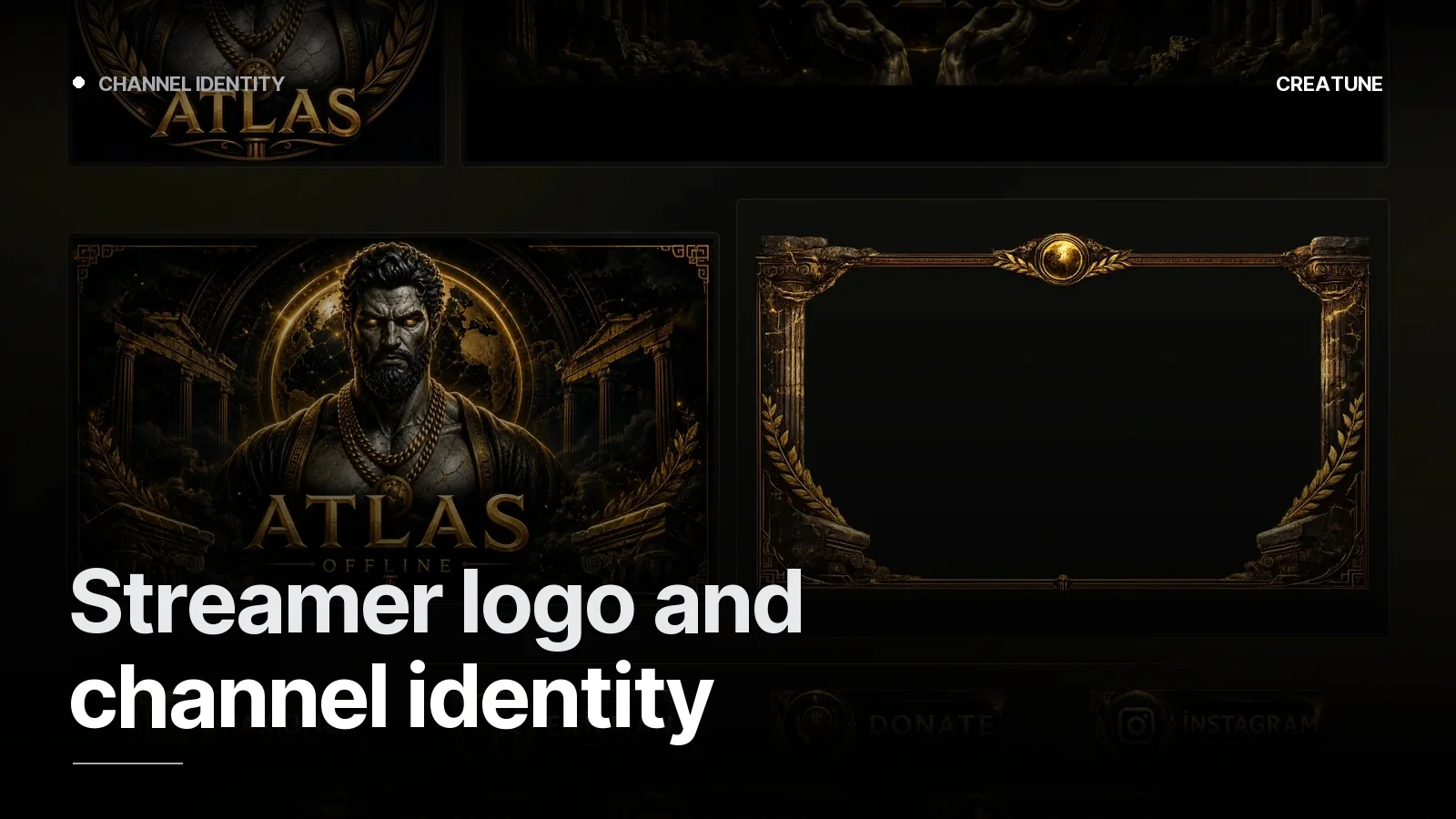 Kick channel identity for Atlas with antique-statue aesthetics and gold accents