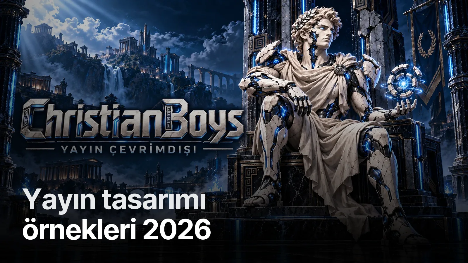 ChristianBoys yayın kimliği: tahtta oturan mermer heykel ve mavi enerji