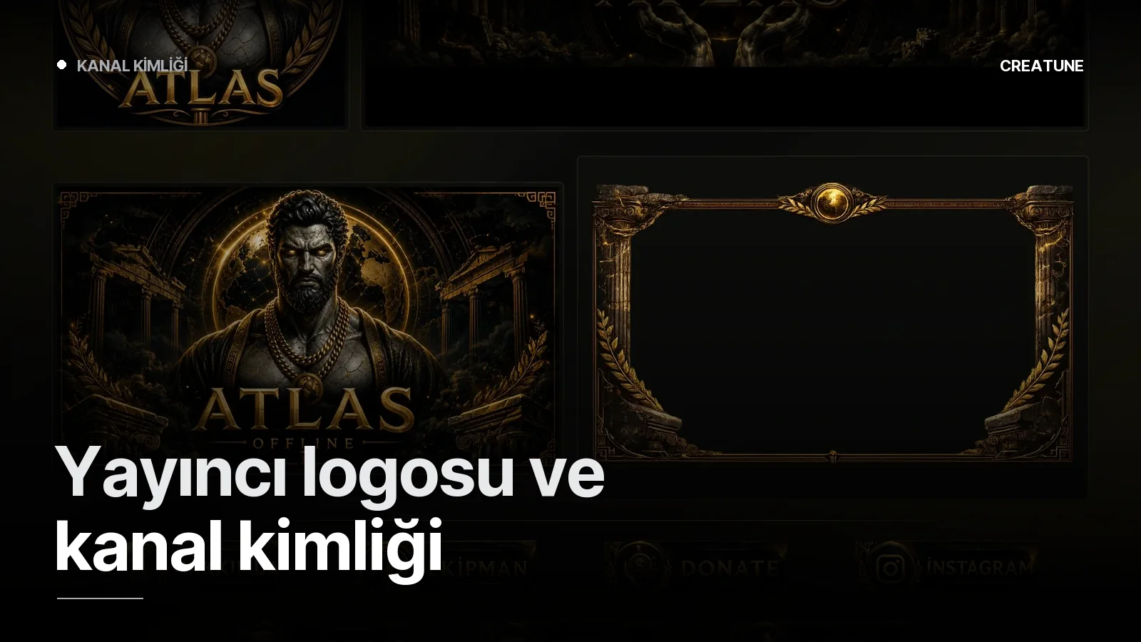 Atlas için antik heykel estetiği ve altın vurgulu Kick kanal kimliği