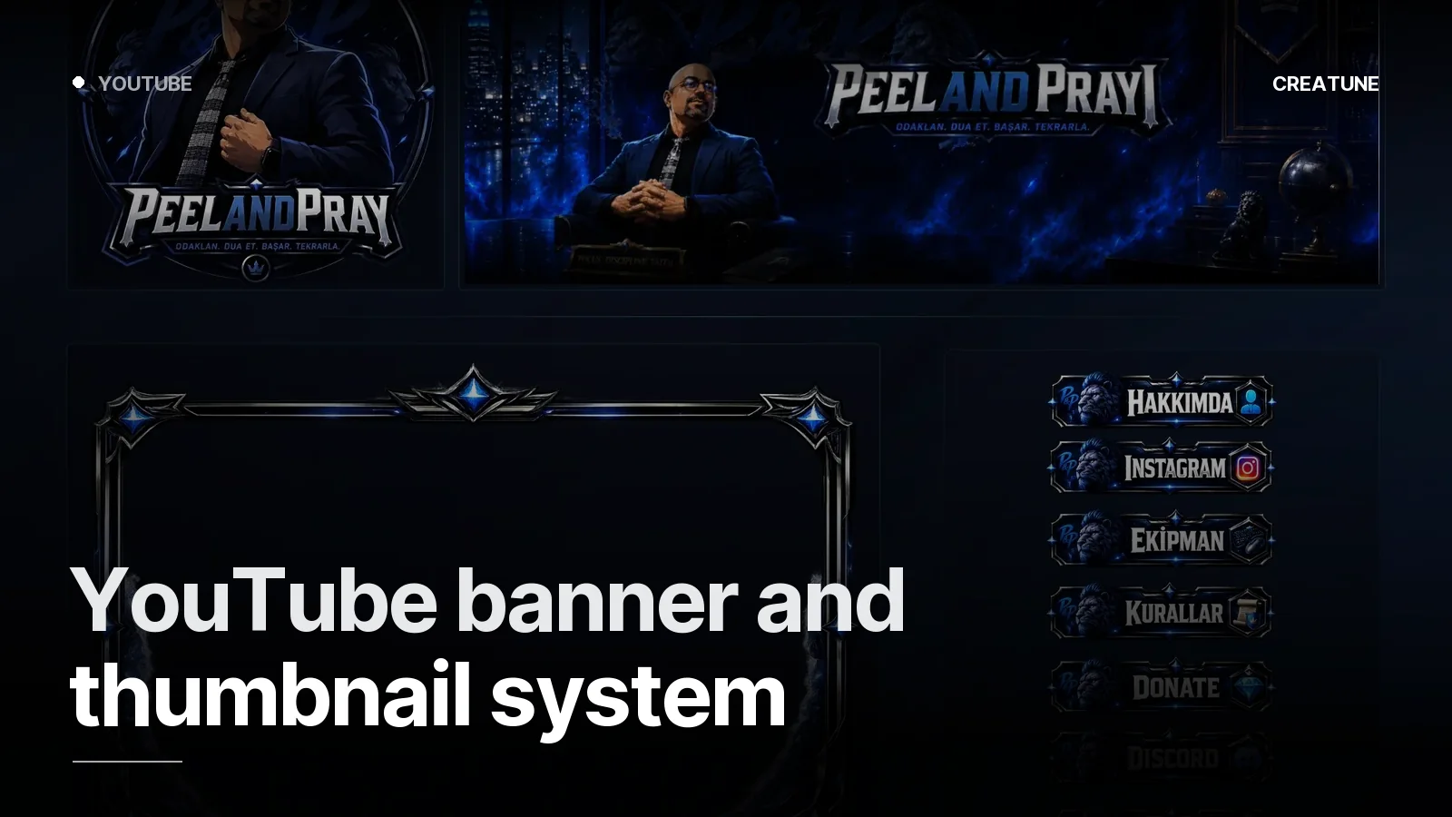 Editorial, city-textured navy YouTube channel identity for PeelAndPray